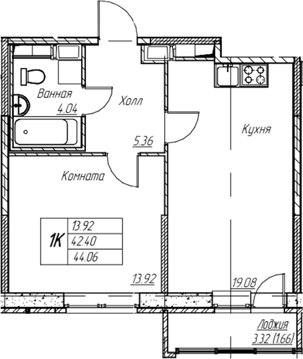 1-комнатная квартира 44.06 м², 20/22 эт., ЖК «Парк-квартал Юнтолово»